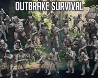 May include: A collection of grey miniature figurines titled OUTBRAKE SURVIVAL, featuring various human survivors in tactical gear with weapons and several mutated creature figures in dynamic poses, all displayed in a detailed group arrangement.