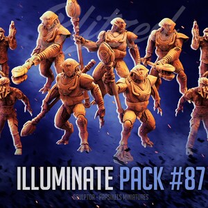 May include: A set of 12 detailed miniature figures, painted in a bronze colour, with various poses and weapons. The figures are arranged in a semi-circle on a blue and purple background. The text "ILLUMINATE PACK #87" is displayed below the figures.