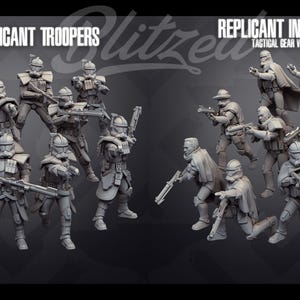 May include: A selection of grey miniature figurines depicting soldiers in futuristic armour, labelled "ELITE REPLICANT TROOPERS" and "REPLICANT INFANTRY TACTICAL GEAR VARIANT". The figures are in various action poses, holding weapons.