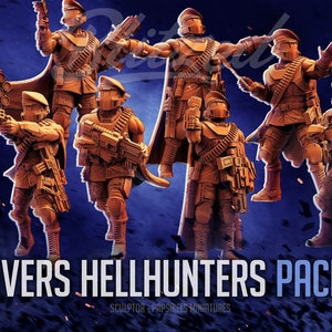 May include: A set of seven 3D printed miniature figures in a light brown colour, posed in various action stances. The figures are wearing military uniforms and helmets, and are holding weapons. The text "HELLDIVERS HELLHUNTERS PACK #113" is displayed at the bottom of the image.