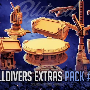 May include: A selection of tan-coloured miniature sci-fi structures and weapons, including turrets, platforms, and crates. The text "HELLDIVERS EXTRAS PACK #95" is displayed at the bottom, with the word "Blitzed" at the top. The background is a dark blue with a space theme.