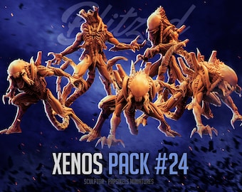May include: A set of five detailed, orange-brown, 3D printed alien figures in a variety of poses. The figures are arranged in a dynamic composition against a blue and black background with sparks. The text "XENOS PACK #24" is displayed below the figures.