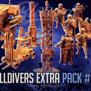 May include: A set of 3D printed miniatures for a tabletop game, featuring a variety of figures and vehicles. The set includes a forklift, a tall tower, a flying vehicle, and several figures in various poses. The miniatures are painted in a light brown colour and are labelled "Helldivers Extra Pack #114".