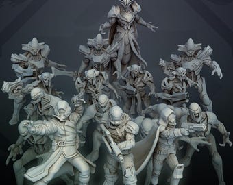 Puede incluir: Colección de figuras detalladas en tonos grises que representan varios personajes de ciencia ficción. Las figuras incluyen soldados con armadura, criaturas alienígenas y una figura dominante con una túnica. La composición es dinámica y orientada a la acción.