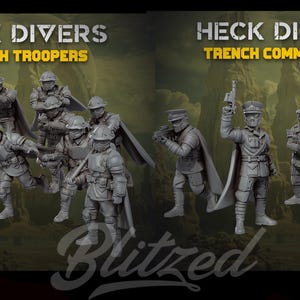 May include: A collection of grey miniature figurines titled Heck Divers, featuring two distinct groups: Trench Troopers and Trench Commandant. The figures are depicted in various combat poses, wearing military-style uniforms, helmets, and capes.