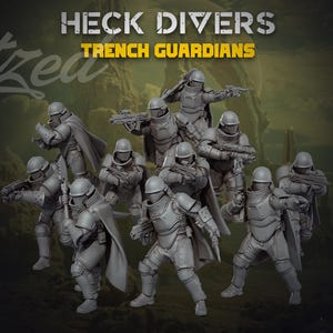 May include: A set of ten grey miniature soldier figurines in tactical armour and helmets, each holding a rifle. The text HECK DIVERS and TRENCH GUARDIANS is printed in white and yellow at the top, with the word Blitzeo in cursive on the left.