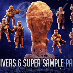May include: A set of 10 miniature figures, painted in brown and tan, with various weapons and poses. The figures are arranged around a large rock formation. The text "HELLDIVERS & SUPER SAMPLE PACK #141" is at the bottom of the image.
