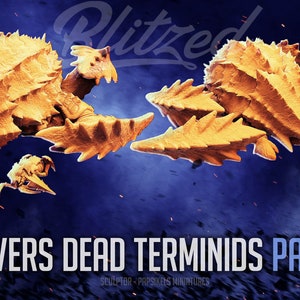 May include: A set of 3D printed miniature figures of a Helldivers Dead Terminids Pack #99. The figures are a light orange colour and are posed in a variety of dynamic stances. The figures are sculpted by Papsikels Miniatures.