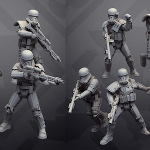 May include: A selection of grey-coloured action figures depicting soldiers in futuristic armour, each holding a weapon. The figures are posed dynamically, implying action and combat. The theme is science fiction and fantasy.