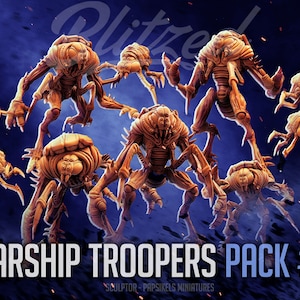 May include: A set of eight detailed, unpainted, plastic miniature figures of alien creatures from the Starship Troopers movie franchise. The figures are posed in various action stances and are ready to be painted.