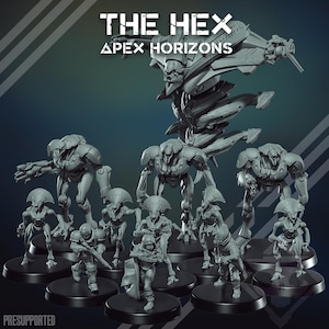 May include: A selection of grey, futuristic figurines and a large spacecraft model. The text "THE HEX APEX HORIZONS" is displayed at the top. The figurines are on black circular bases, suggesting a tabletop game or collectible.