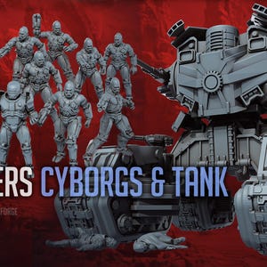 May include: A digital rendering of cyborg figures and a tank, with the text "HELLDIVERS CYBORGS & TANK". The figures are grey, and the background is dark red. The image is a promotional graphic.