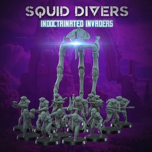 May include: Miniature figurines of a large, multi-legged machine and several humanoid figures are displayed against a purple backdrop. The text "SQUID DIVERS" and "INDOCTRINATED INVADERS" are at the top. The figurines are on black bases, suitable for tabletop gaming.