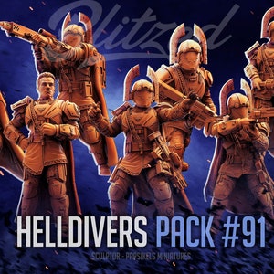 May include: A set of six 3D printed miniature figures, painted in a brown colour, depicting futuristic soldiers with weapons and armour. The figures are arranged in a dynamic pose and are labelled "HELLDIVERS PACK #91".
