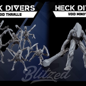 May include: A collection of grey miniature figures labelled HECK DIVERS. The left group is titled VOID THRALLS, showing multi-limbed creatures with sharp appendages. The right group is titled VOID MINOTAUR, featuring two large figures holding heavy clubs.