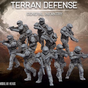 May include: A set of nine grey miniature soldier figurines titled Terran Defense General Infantry. Each figure wears tactical armour, helmets, and carries a rifle. The text Terran Defense, General Infantry, and Modular Heads is visible.