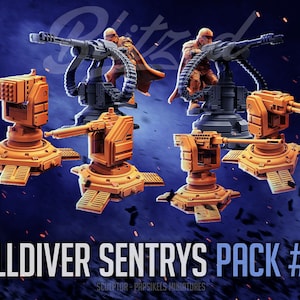 May include: Five orange and grey plastic miniature sci-fi sentry guns with a rotating turret and a base with four legs. The guns are on a blue background with orange sparks. The text "HELLDIVER SENTRY PACK #110" is at the bottom of the image.