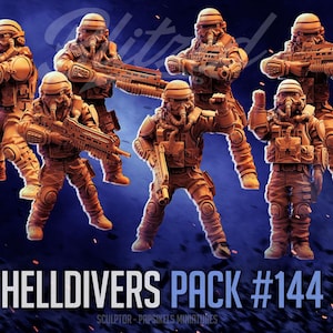 May include: Seven miniature soldier figures in tactical gear, including helmets, gas masks, and rifles. The figures are in various action poses, set against a blue and black background. The text "HELLDIVERS PACK #144" is displayed at the bottom.