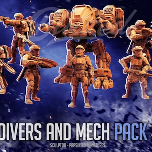 May include: A digital art image featuring miniature figures and a mech in shades of brown and tan, set against a dark blue background. The text "HELLDIVERS AND MECH PACK #169" is displayed at the bottom of the image.