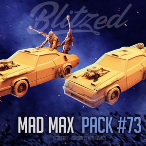 May include: Two yellow Mad Max-style cars with modified engines and weapons. One car has two figures on top, one holding a weapon. The text "MAD MAX PACK #73" is below the cars.