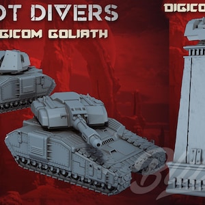 May include: Two grey miniature tanks labelled Digicom Goliath and one tall grey tower labelled Digicom Tower. The tanks feature tracked bases and turret-mounted cannons. The tower is a rectangular structure with a rotating cannon on top.