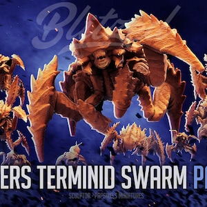 May include: A digital illustration of a swarm of insectoid creatures in shades of brown and tan, set against a dark blue backdrop. The text "HELLDIVERS TERMINID SWARM PACK #96" is displayed at the bottom. The image is labeled "SCULPTOR - PAPSIKELS MINIATURES".