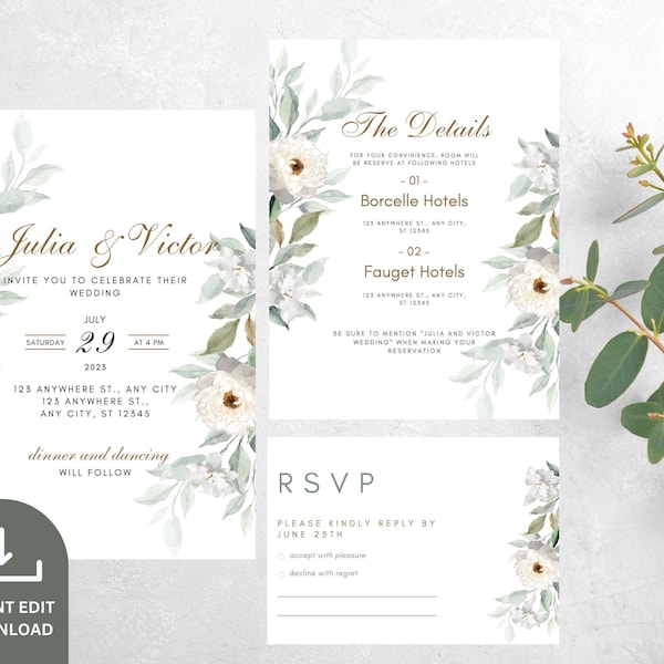 Greenery Wedding Invitation Template, Simple, Elegant Wedding invite, Minimalistic Greenery Wedding Invite, INSTANT DOWNLOAD, Canva Template