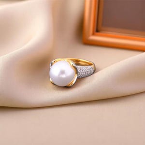Gold Perle Statement Ring | Hochzeits- und Verlobungsring | Verstellbarer Cocktailring | Elegante Hochzeitsschmuck Geschenk | Perlenring für Frauen