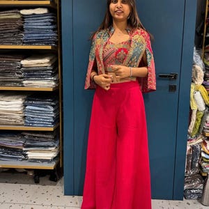 Conjunto palazzo de boda, chaqueta de trabajo con espejos bordados a mano, atuendo de fiesta nupcial, ropa étnica festiva para mujer, alternativa a la lehenga de diseñador.