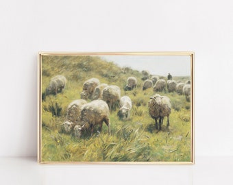 May include: A painting of a flock of sheep grazing in a field. The sheep are white with brown faces and legs. The field is green with brown grass and some wildflowers. The sky is blue and cloudy. There is a figure in the distance, possibly a shepherd.