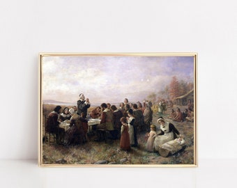 Vintage Thanksgiving at Plymouth Print I Pilgrims, Native Americans I Fall, Autumn, Country Decor I Digital Download