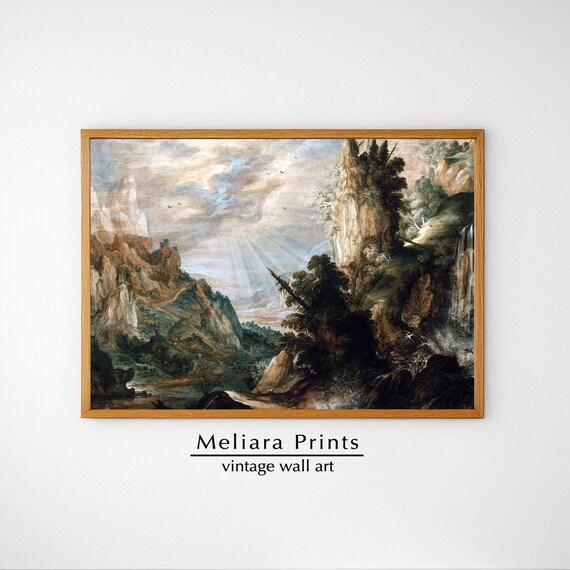Vintage Mountain Waterfall Sunlight Scene Print I 17th Vintage Mountain Waterfall Sunlight Scene Print I 17th