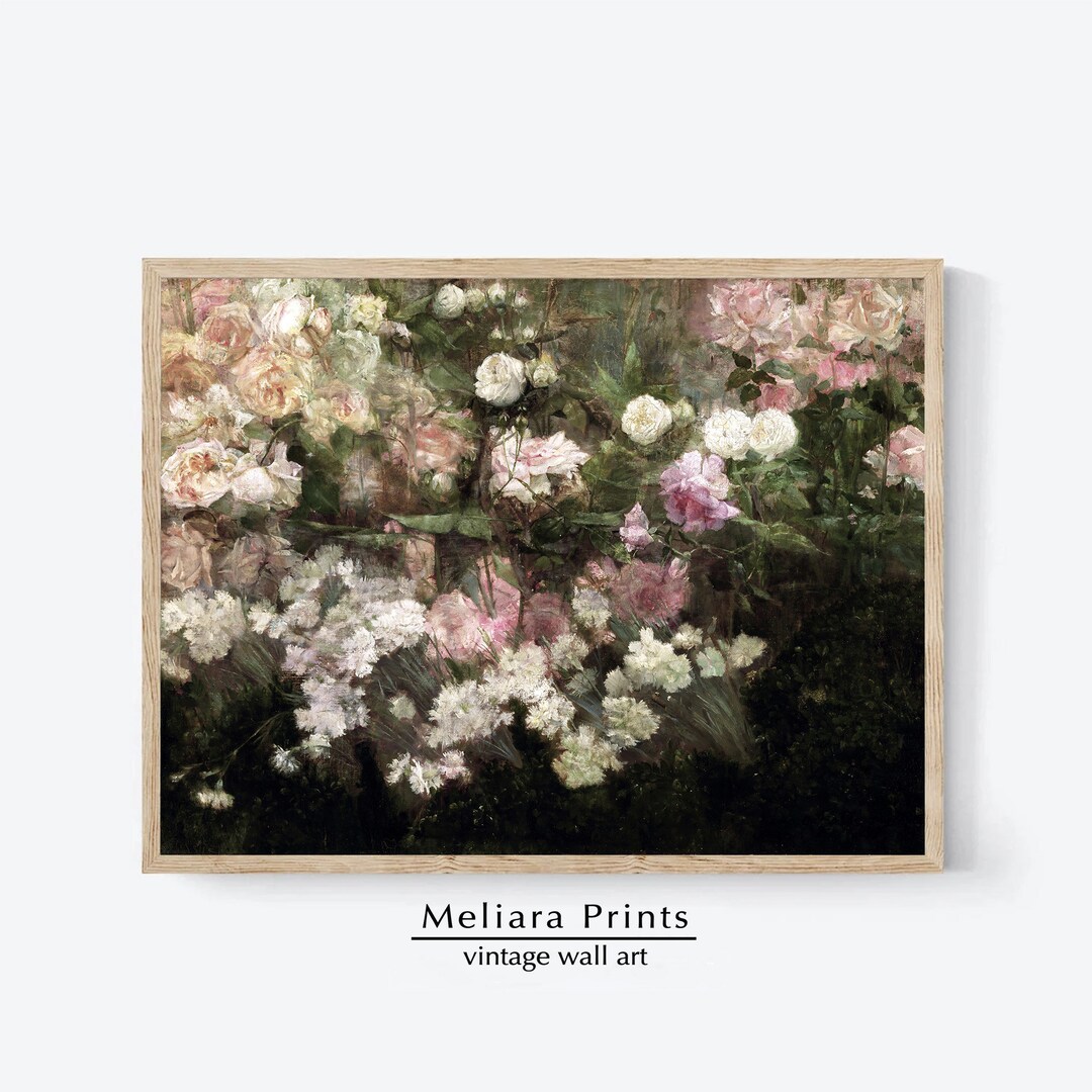 Vintage Pink and White Floral Botanical Print I Dark Moody Floral Wall ...