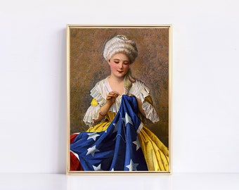 Lámina vintage de Betsy Ross con la bandera estadounidense, arte mural patriótico (descarga digital)