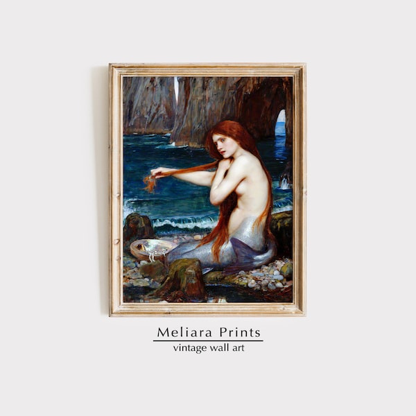 Vintage Red-Haired Mermaid Print I Ocean, Seaside Beautiful Girl Combing Hair I Fantasy, Mythology Bedroom Decor I Digital Download