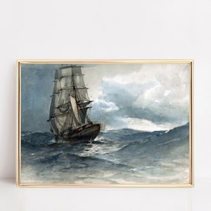 Vintage Antique Ship Print I Clipper Ship, Sailing in Stormy Seas I Ocean Voyage Nautical Decor, Wall Art I Digital Download