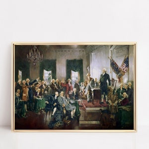 May include: A framed print of a historical painting showing a group of men in formal attire. The artwork features a central figure addressing a group, with American flags and a chandelier visible. The color palette includes dark greens, browns, and golds.