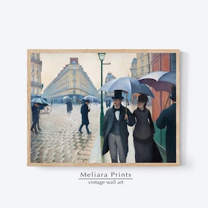 May include: A vintage painting depicting a Parisian street scene on a rainy day. People are walking with umbrellas, and the buildings in the background are tall and narrow. The painting is done in a muted color palette, with shades of gray, blue, and brown.
