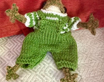 Knitted frog with sweater and pants