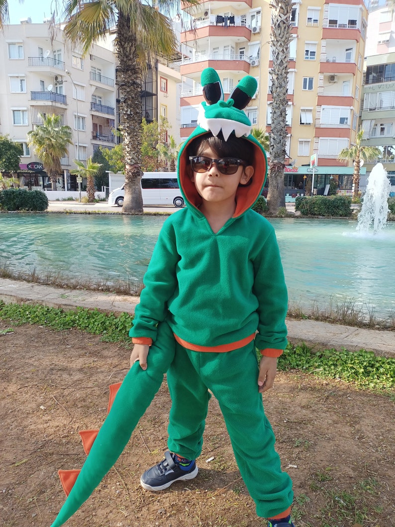 Peut inclure: Un enfant portant un costume de dinosaure vert et orange avec une queue. Le costume a une capuche avec une t&ecirc;te de dinosaure et une paire de lunettes de soleil.