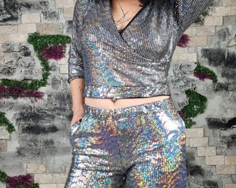 Hologramm Festival Hose, Silber Unisex Burning Man Fashion