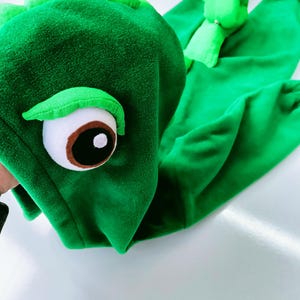 May include: Green plush dinosaur costume with a large eye and a hood. The costume is made of soft, fuzzy fabric.