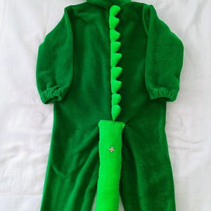 May include: Green dinosaur costume for a child with a large eye on the hood and a long tail. The costume is made of soft, plush fabric.