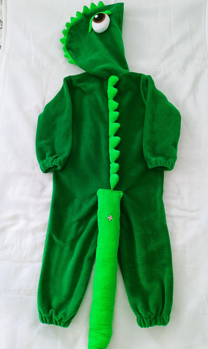 May include: Green dinosaur costume for a child with a large eye on the hood and a long tail. The costume is made of soft, plush fabric.