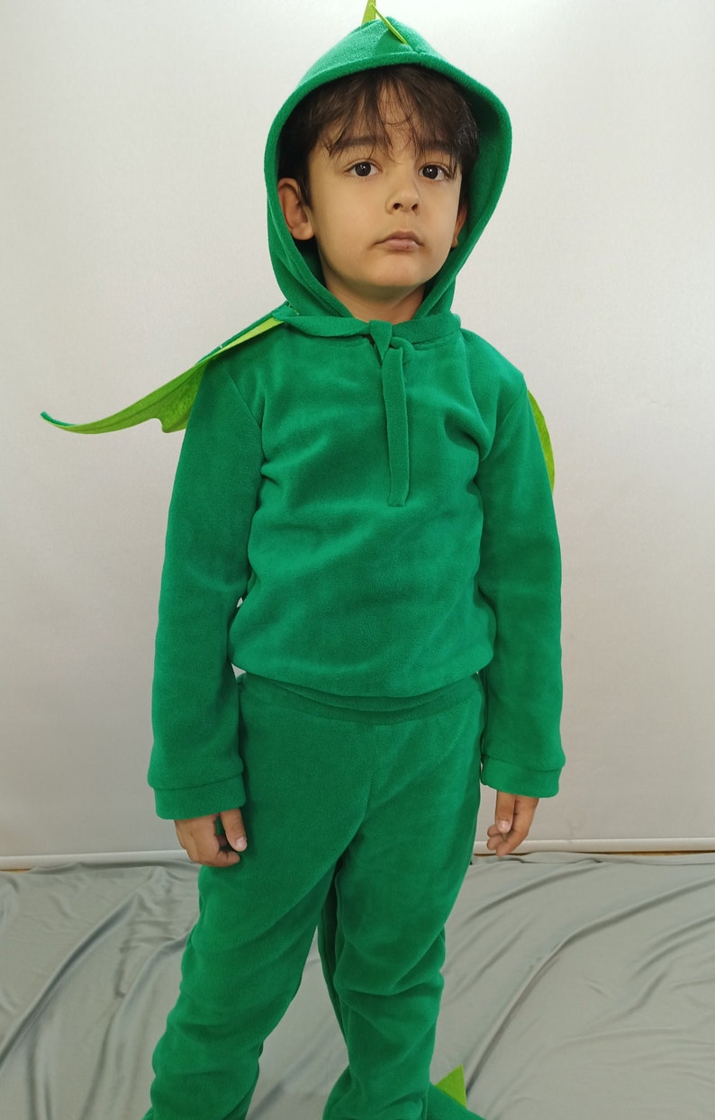May include: A child wearing a green fleece dinosaur costume with a hood and a tail. The costume has a zipper in the front and a green hood with a pointed top.