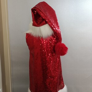 May include: Red sequined Santa suit with a white fur trim and a red pom-pom on the hat.