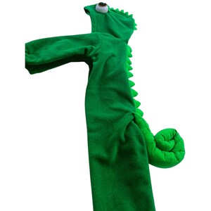 May include: Green plush chameleon costume with a large eye on the hood and a curled tail.