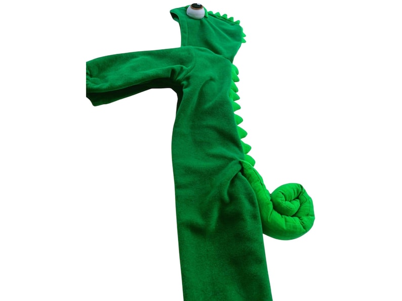 May include: Green plush chameleon costume with a large eye on the hood and a curled tail.