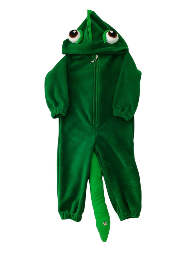 May include: Green plush chameleon costume for a child. The costume features a hood with large eyes and a tail.