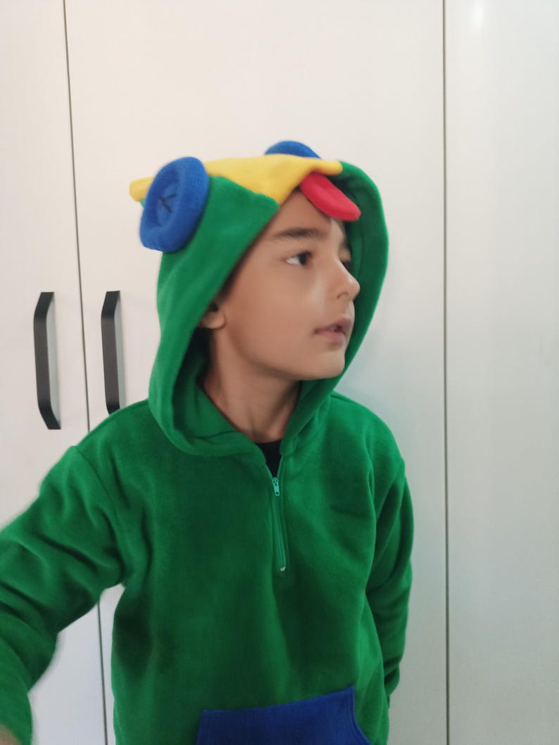 Puede incluir: Un ni&ntilde;o lleva una sudadera con capucha de color verde de forro polar con una capucha de personaje colorido. La capucha tiene un dise&ntilde;o amarillo, rojo, azul y verde.